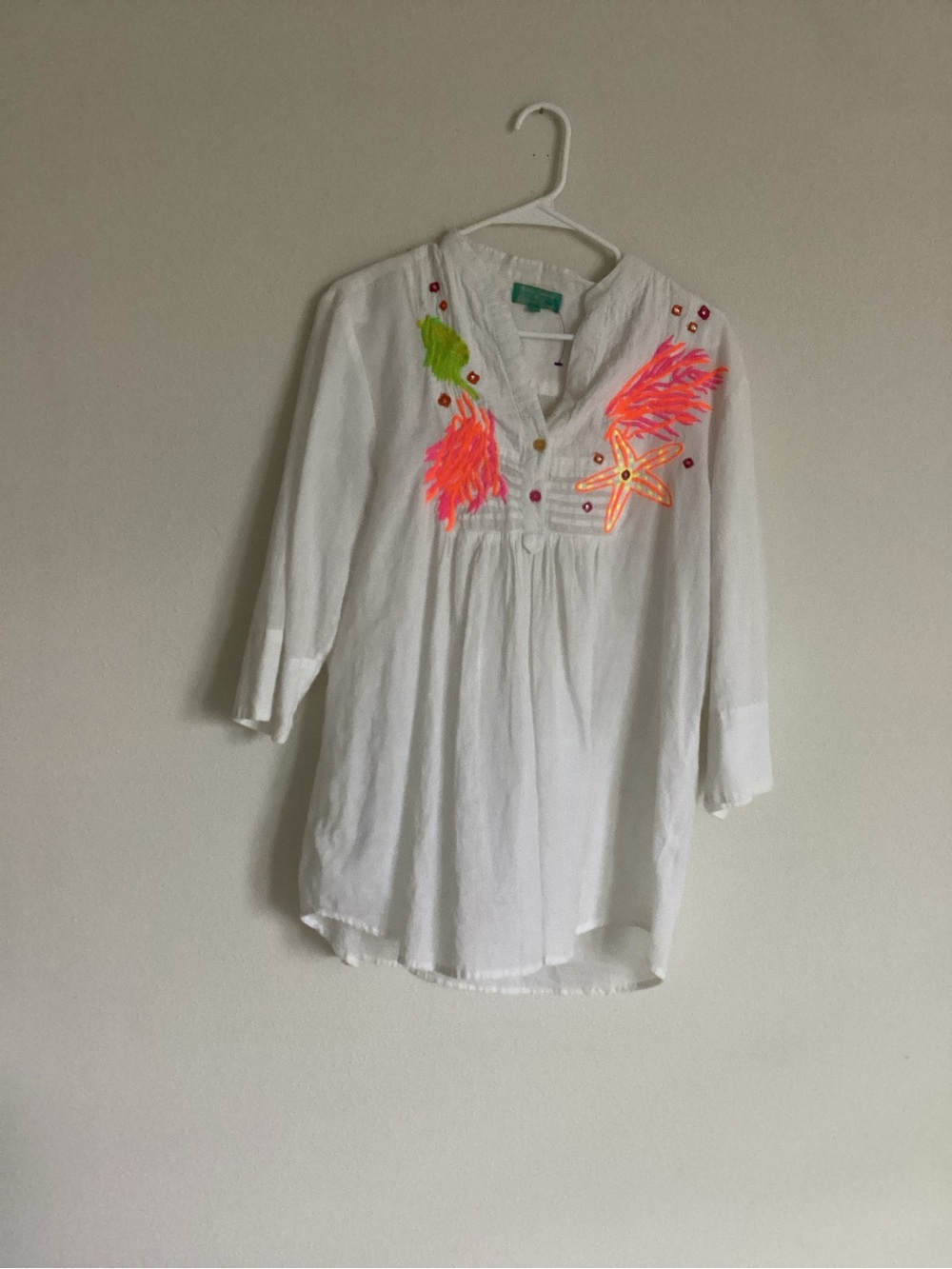 Girls White Embroidered Beach Tunic with Neon Coral & Lime Accents